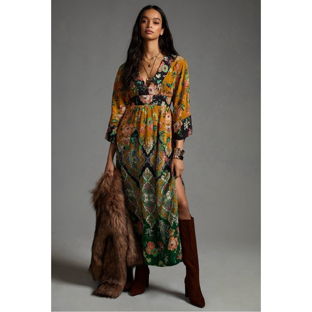 By Anthropologie Printed V-Neck Maxi Dress
